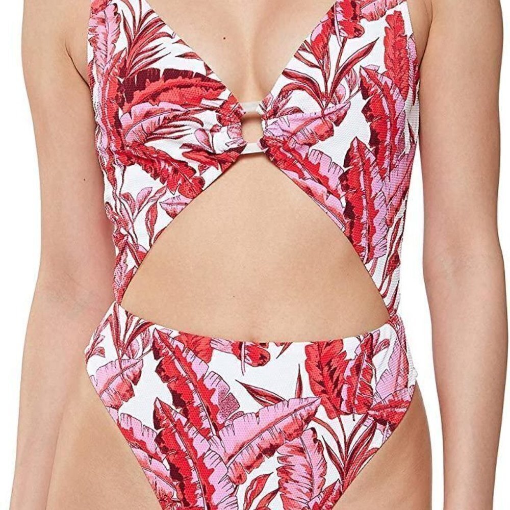 Jessica Simpson One Piece Swim Suit Size M Pink Palm Print Beach Resort
